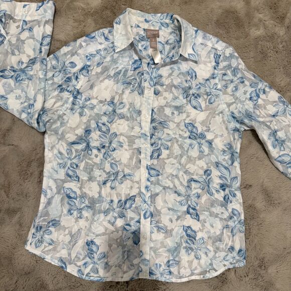 Chico’s Women Floral Button-Up Shirt Blue White Sheer Long Sleeve Blouse Size L - Picture 2 of 11